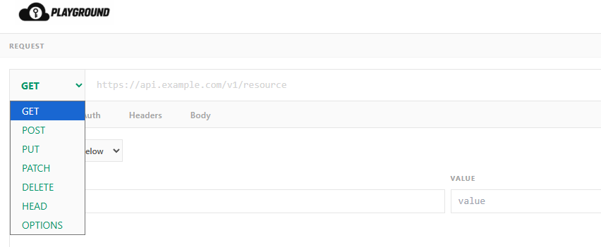 API Playground HTTP method selector showing GET, POST, PUT, PATCH, DELETE, HEAD, and OPTIONS