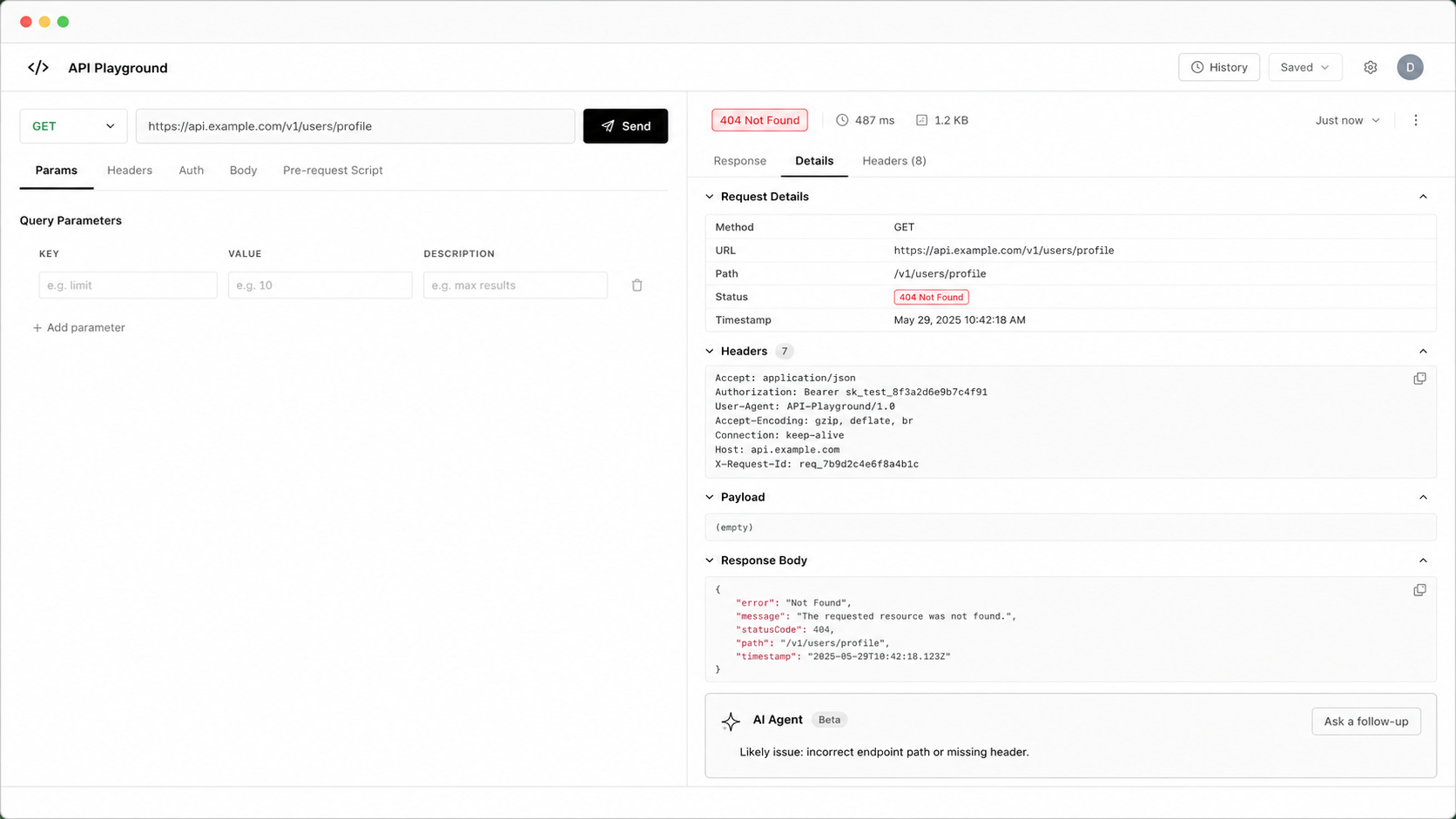 API Playground AI Agent explaining a failed API request with request details, headers, payload, response body, and a likely fix
