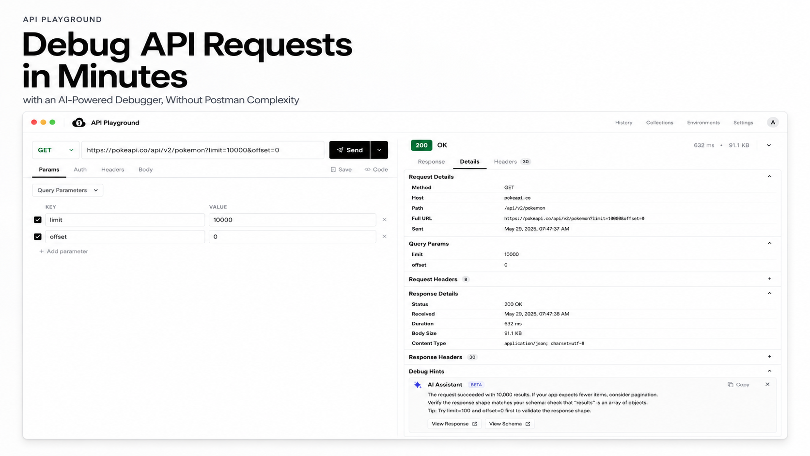 API Playground AI-powered debugger showing a Pokemon API request, response details, headers, and debug hints