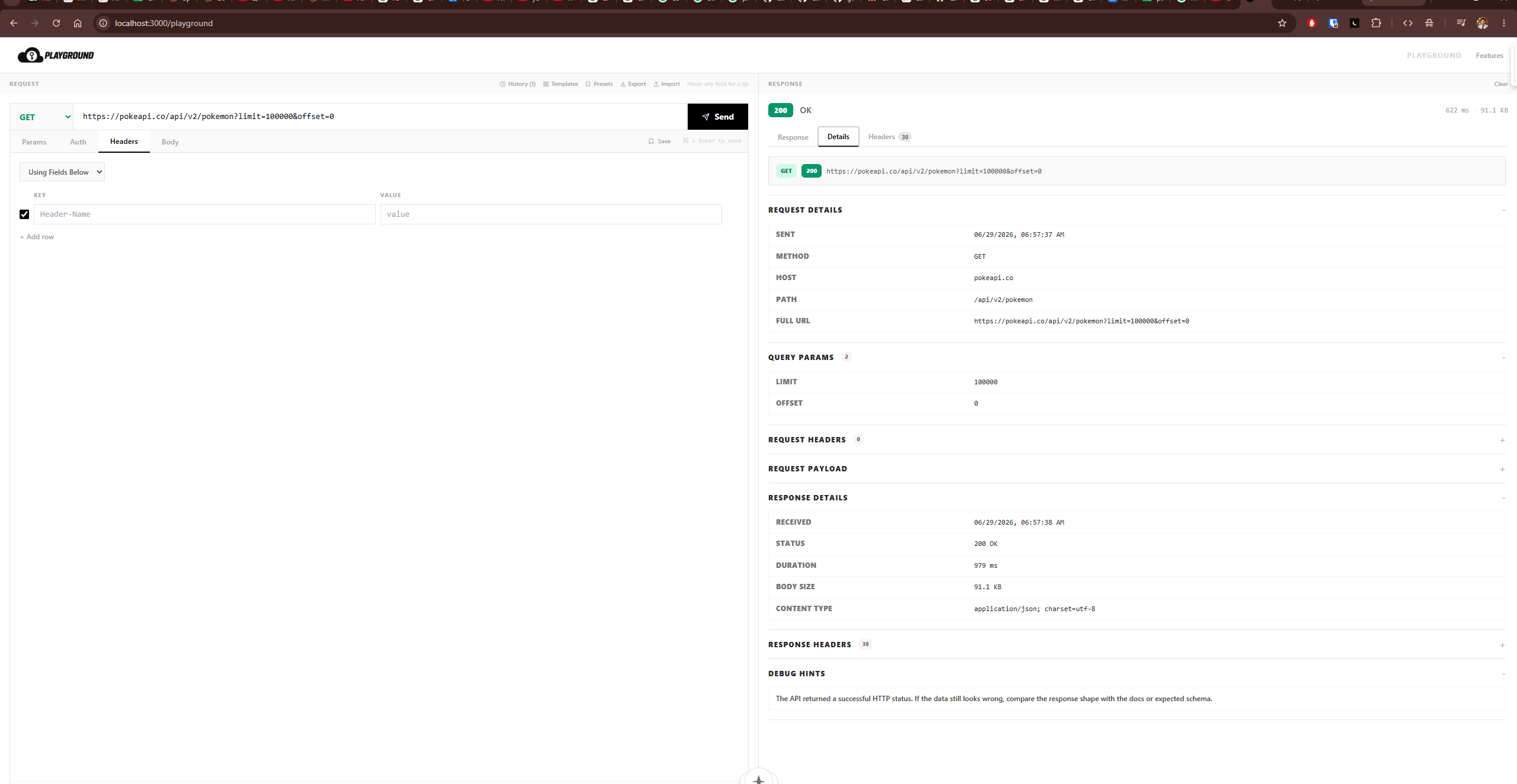 API Playground Details tab showing request details, query params, response details, and debug hints for the Pokemon API request