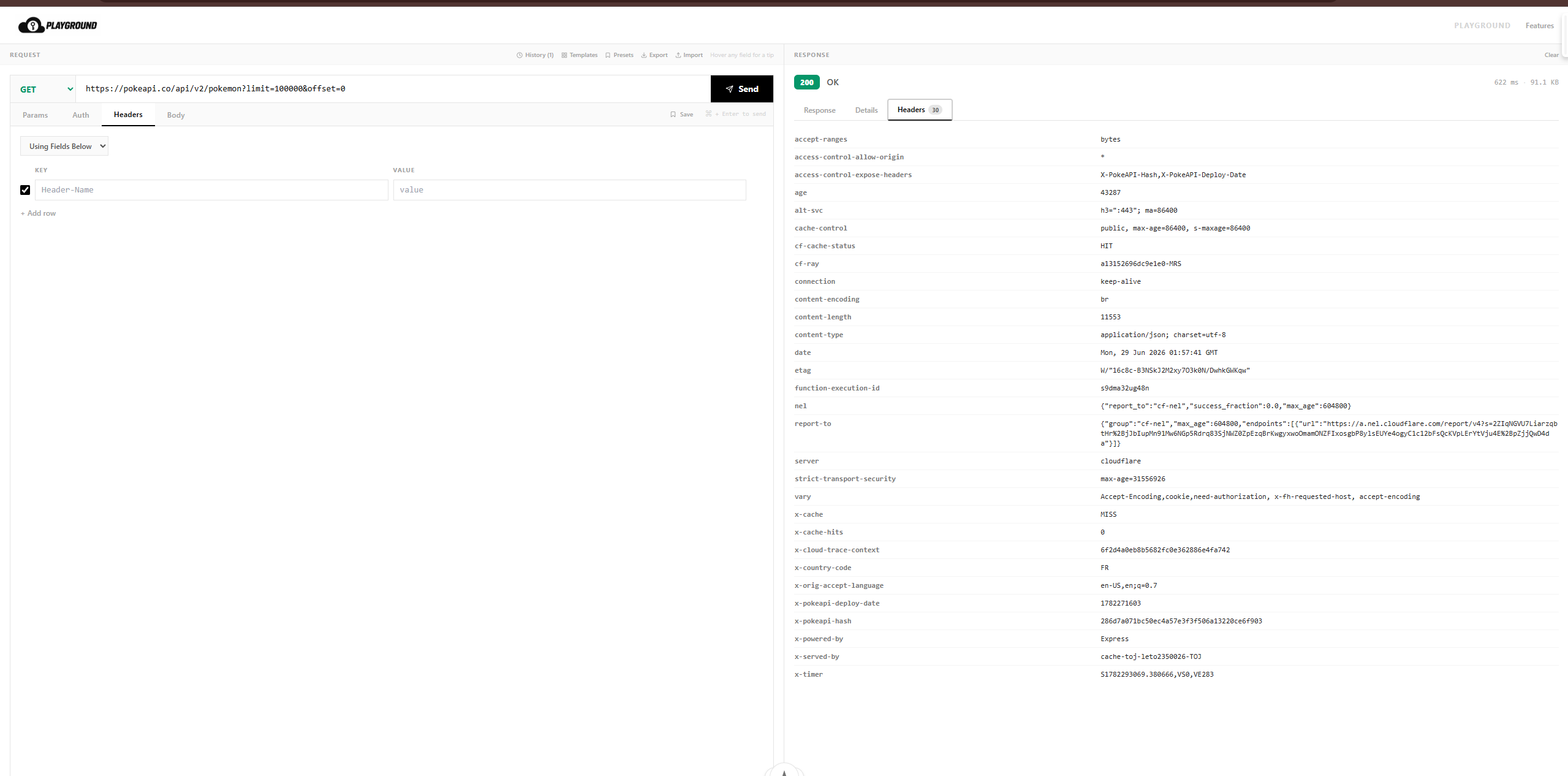 API Playground Headers tab showing Pokemon API response headers including content type, cache metadata, and server headers