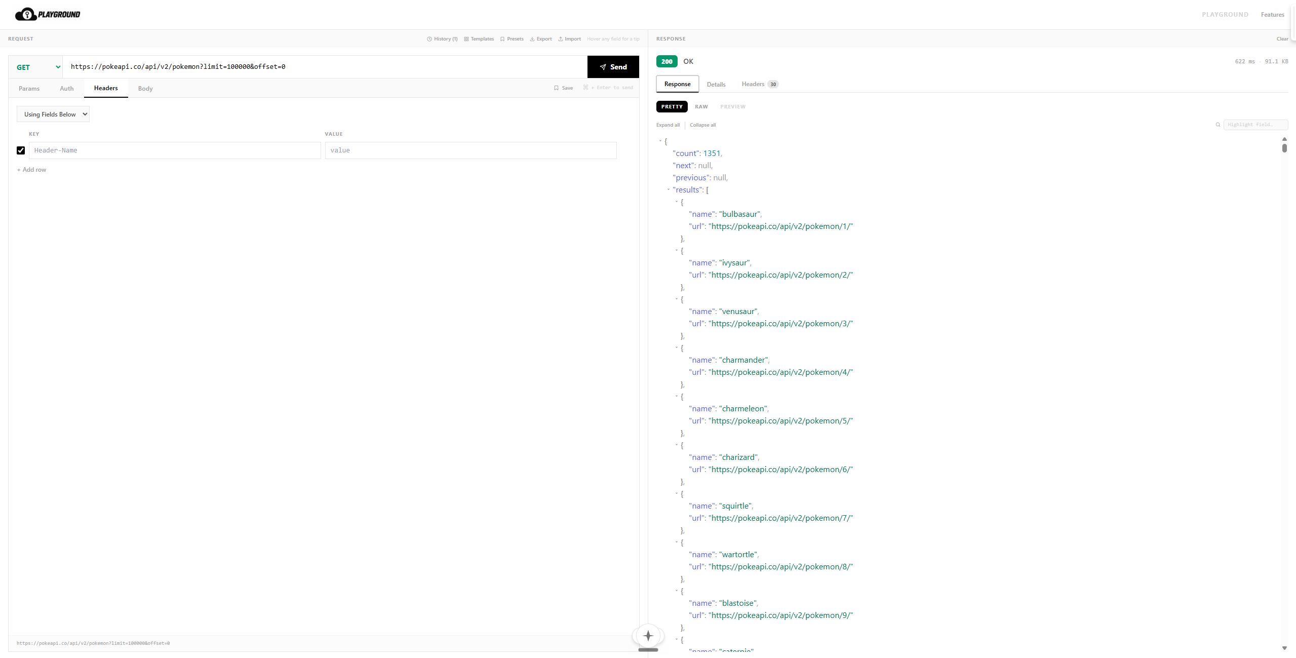 API Playground showing a successful Pokemon API response with a 200 OK status and formatted JSON results